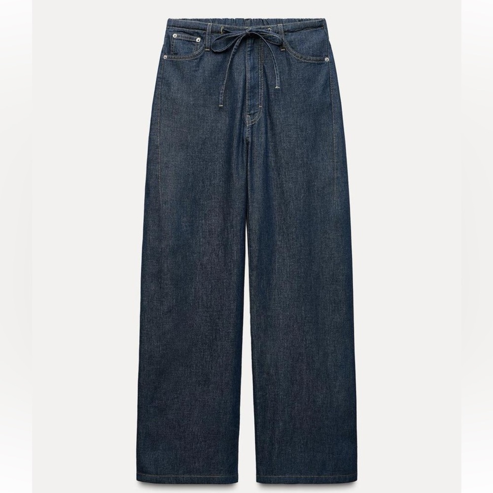 Zara FLOWY FAUX DENIM PANTS Navy Blue 6929/021